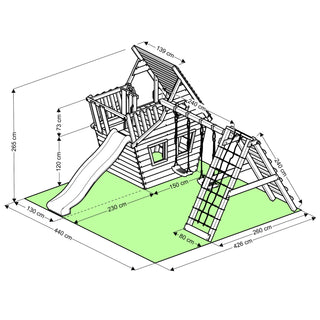 Spielturm - Wunderhauschen M120 + Rutsche, 2xSchaukel, Knotennetz, Klettersteine, Mobel