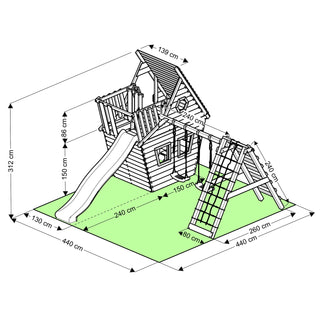 Spielturm - Wunderhauschen M150 - LANGE Rutsche, 2x Schaukel, Knotennetz, Klettersteine, Mobel