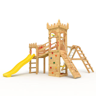 Spielturm - Ritterburg "XL120" - 2x Kletterturme, 2x Schaukel+Netz, Brucke, Kletterwand und Sandkasten