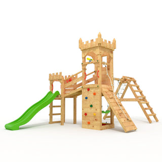 Spielturm - Ritterburg "XL120" - 2x Kletterturme, 2x Schaukel+Netz, Brucke, Kletterwand und Sandkasten