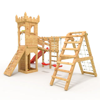 Spielturm - Ritterburg "XL120" - 2x Kletterturme, 2x Schaukel+Netz, Brucke, Kletterwand und Sandkasten