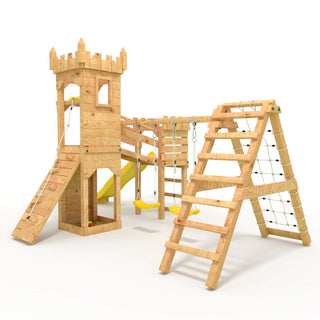 Spielturm - Ritterburg "XL120" - 2x Kletterturme, 2x Schaukel+Netz, Brucke, Kletterwand und Sandkasten