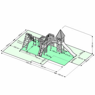 Spielturm - Ritterburg "XXL 150" - 3x Kletterturme, lange Rutsche, Doppelschaukel